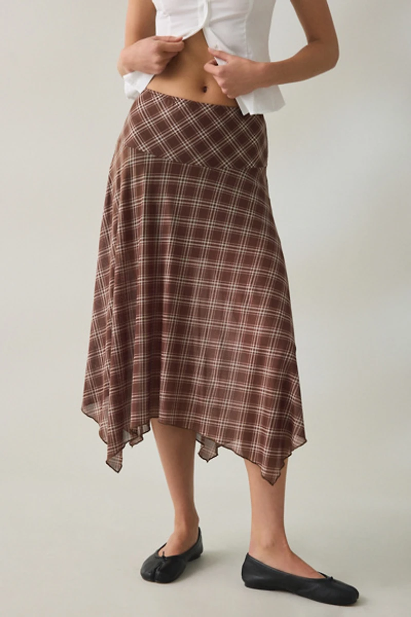 BDG Winnie Plaid Sheer Mesh Hanky Hem Drop Waist Midi Skirt