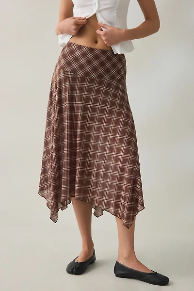 BDG Winnie Plaid Sheer Mesh Hanky Hem Drop Waist Midi Skirt
