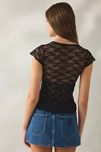 Kimchi Blue Only You Sheer Lace Smocked Short Sleeve Top
