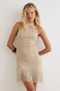 Motel Bukata  High Halter Neck Asymmetric Fringe Mini Dress