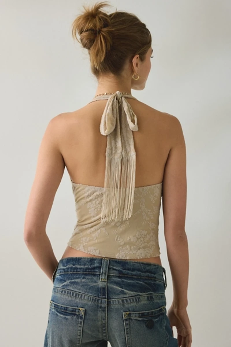 Motel Muna Velvet Burnout Floral Plunging Cowl Halter Top