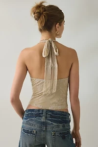 Motel Muna Velvet Burnout Floral Plunging Cowl Halter Top