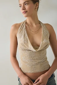 Motel Muna Velvet Burnout Floral Plunging Cowl Halter Top
