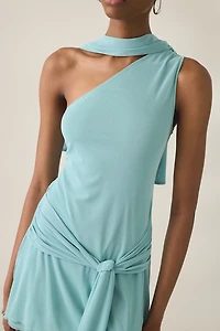 Motel Sanyang Scarf Detail Asymmetric One-Shoulder Mesh Mini Dress