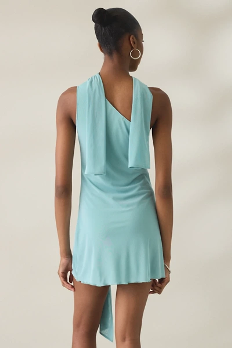 Motel Sanyang Scarf Detail Asymmetric One-Shoulder Mesh Mini Dress