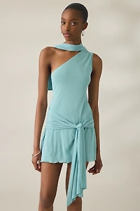Motel Sanyang Scarf Detail Asymmetric One-Shoulder Mesh Mini Dress