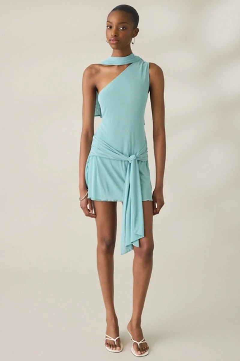 Motel Sanyang Scarf Detail Asymmetric One-Shoulder Mesh Mini Dress