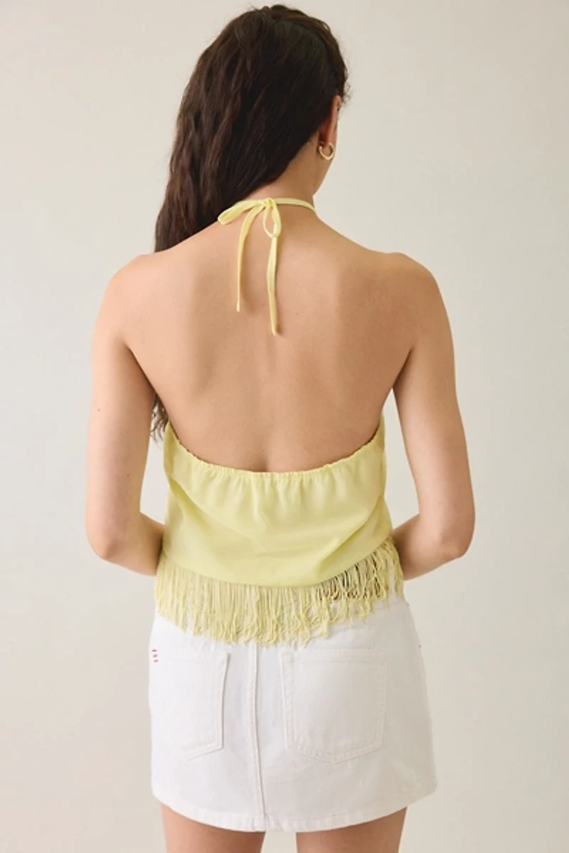 Motel Junaya Floral Embroidered Fringe Halter Top