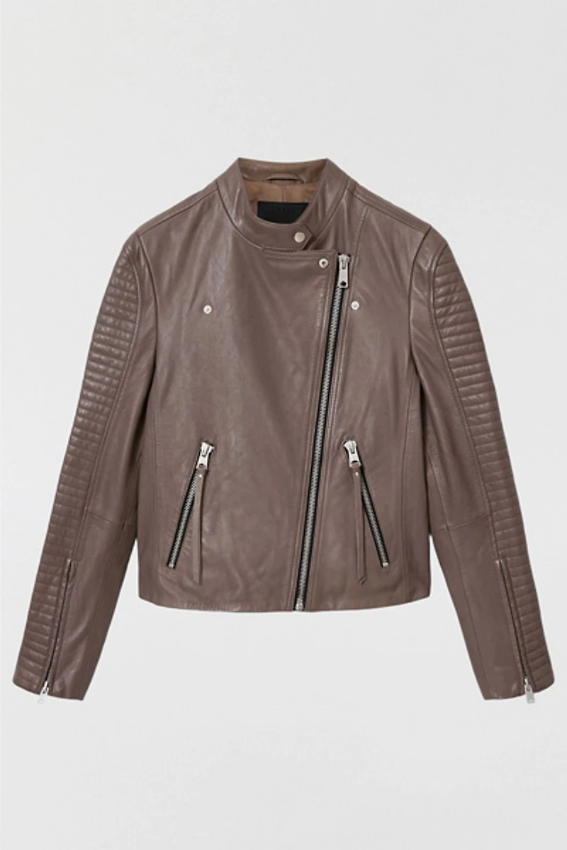 AllSaints Raul Brown Leather Biker Jacket