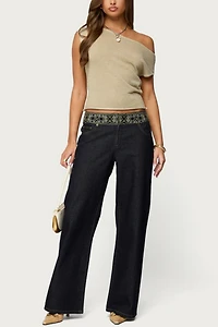 Edikted Carlie Embroidered Low Rise Wide Leg Jeans