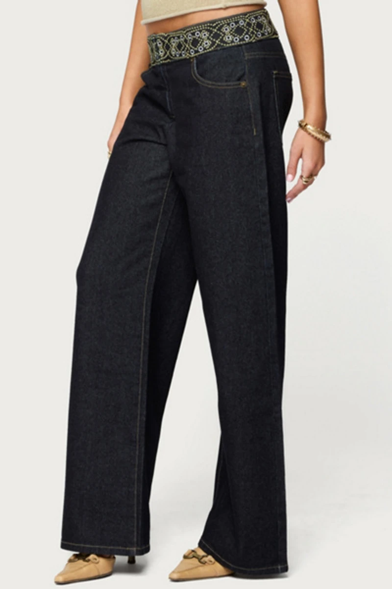 Edikted Carlie Embroidered Low Rise Wide Leg Jeans