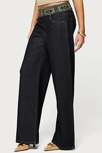 Edikted Carlie Embroidered Low Rise Wide Leg Jeans