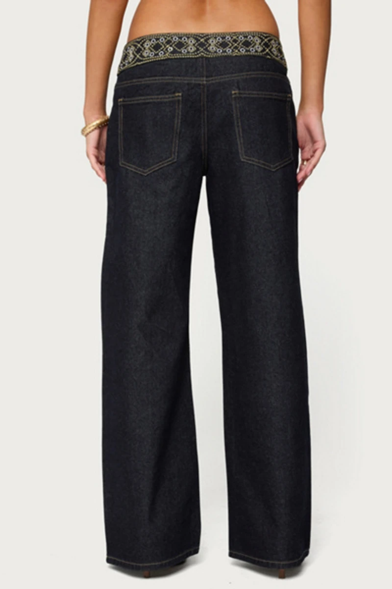 Edikted Carlie Embroidered Low Rise Wide Leg Jeans