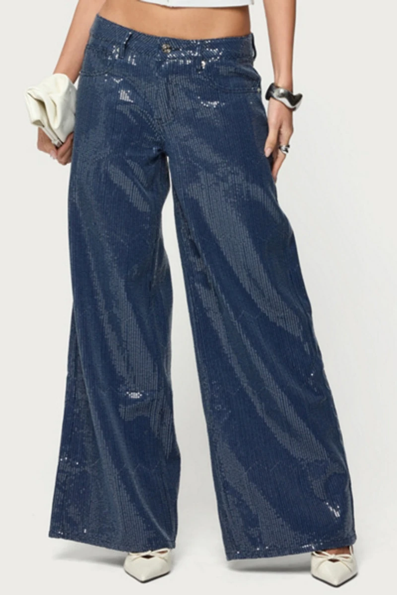 Edikted Mirella Sequin Low Rise Baggy Jeans