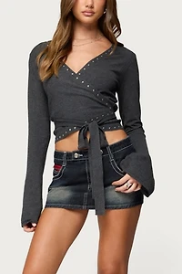 Edikted Jakari Contrast Stitch Denim Mini Skort