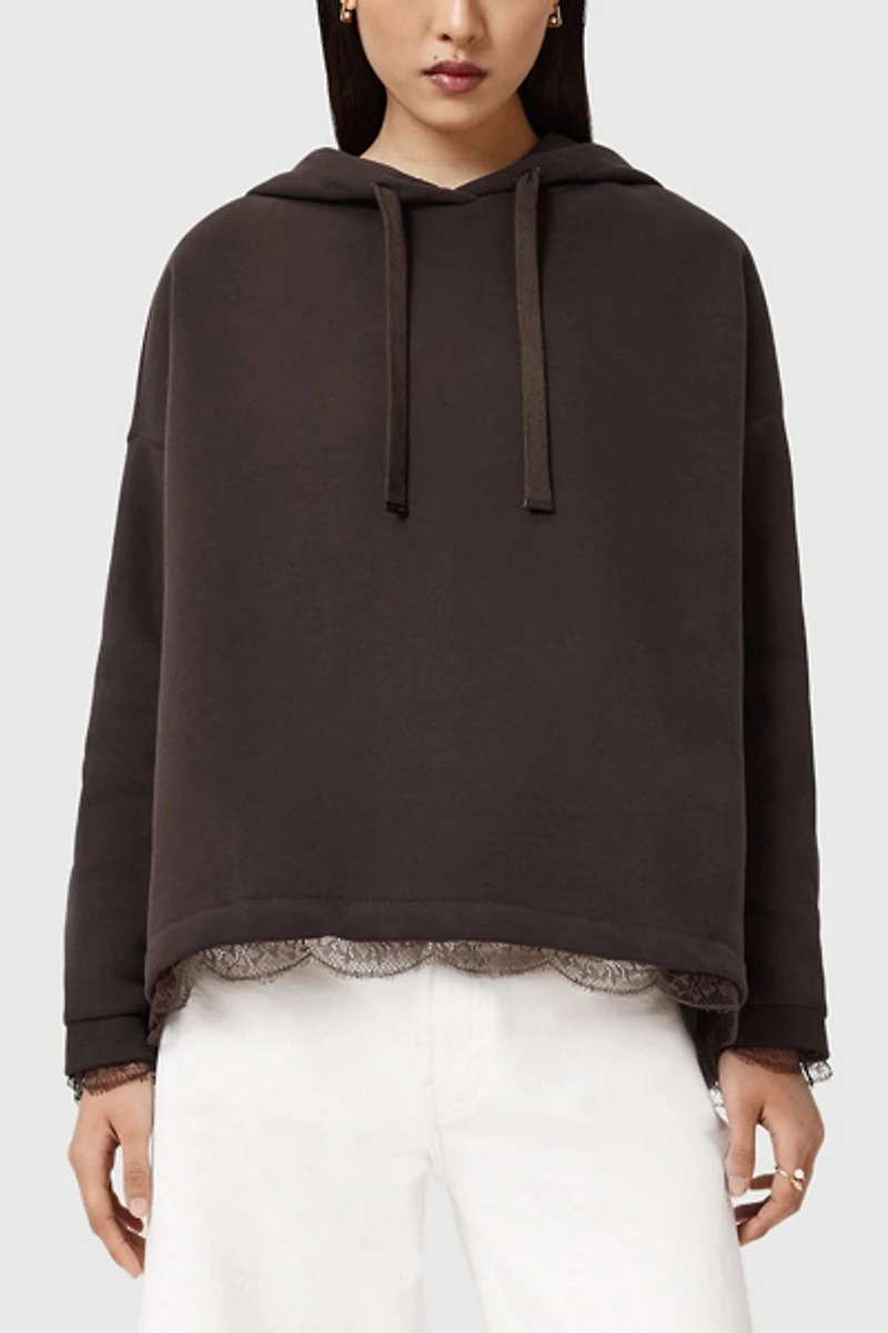 AllSaints Nia Lace Detail Relaxed Hoodie Sweatshirt
