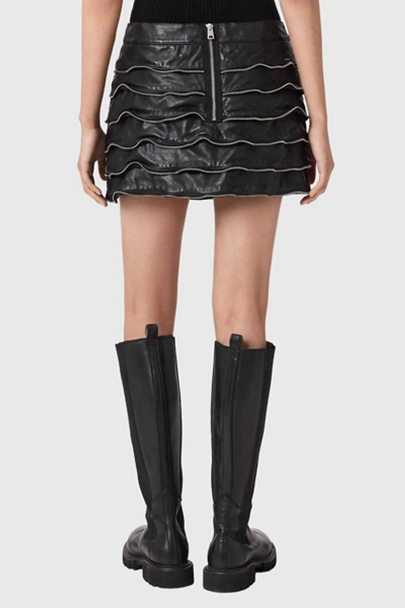 AllSaints Emara Ruffle Zipper Detail Leather Mini Skirt