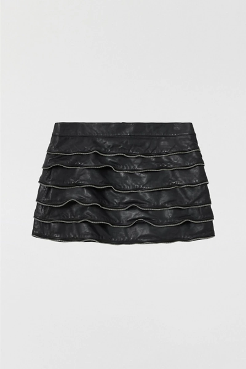 AllSaints Emara Ruffle Zipper Detail Leather Mini Skirt