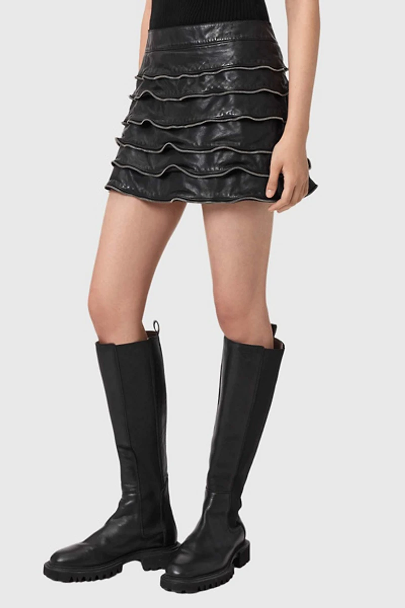 AllSaints Emara Ruffle Zipper Detail Leather Mini Skirt