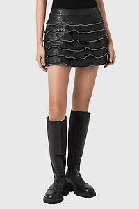 AllSaints Emara Ruffle Zipper Detail Leather Mini Skirt