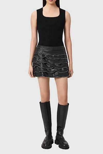 AllSaints Emara Ruffle Zipper Detail Leather Mini Skirt