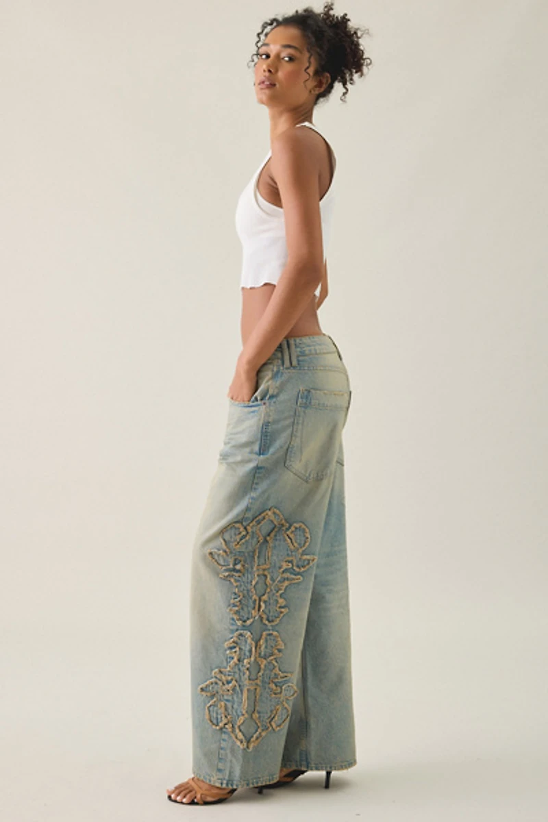 BDG Jaya Frayed Applique Baggy Boyfriend Jeans
