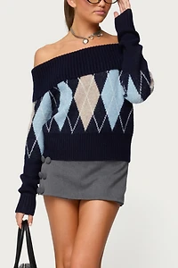 Edikted Jakarie Argyle Foldover Sweater
