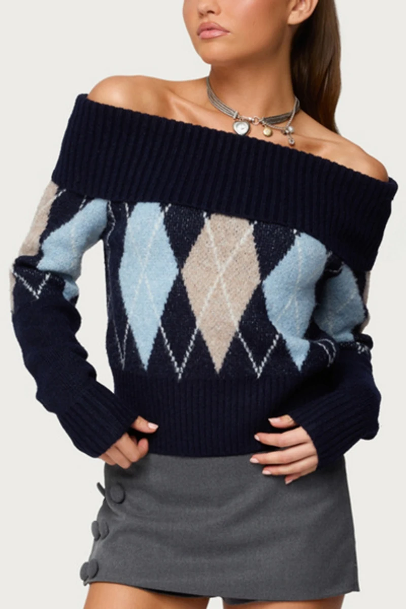 Edikted Jakarie Argyle Foldover Sweater