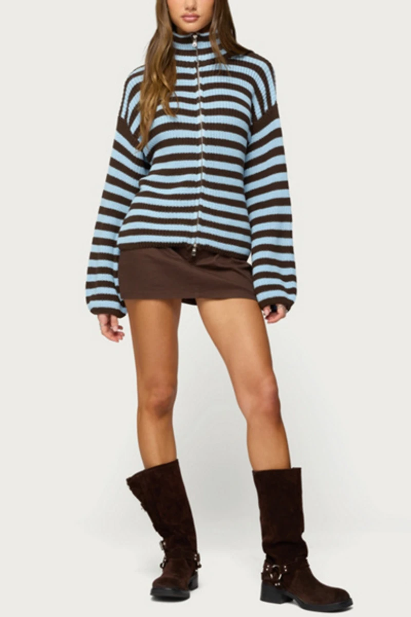 Edikted High Neck Striped Zip Up Sweater