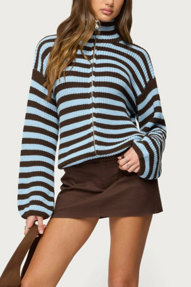 Edikted High Neck Striped Zip Up Sweater