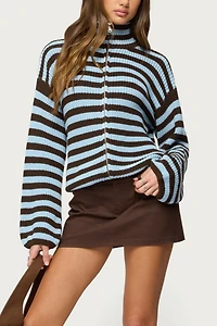 Edikted High Neck Striped Zip Up Sweater