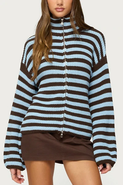 Edikted High Neck Striped Zip Up Sweater
