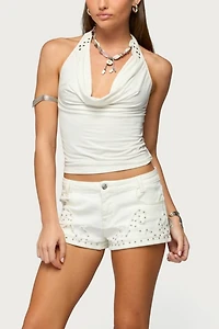 Edikted Studded Patchwork Low Rise Denim Shorts