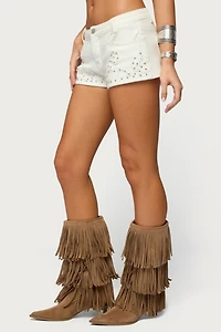 Edikted Studded Patchwork Low Rise Denim Shorts