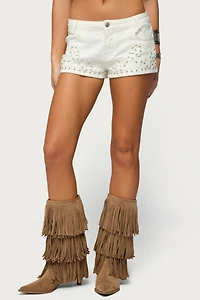 Edikted Studded Patchwork Low Rise Denim Shorts