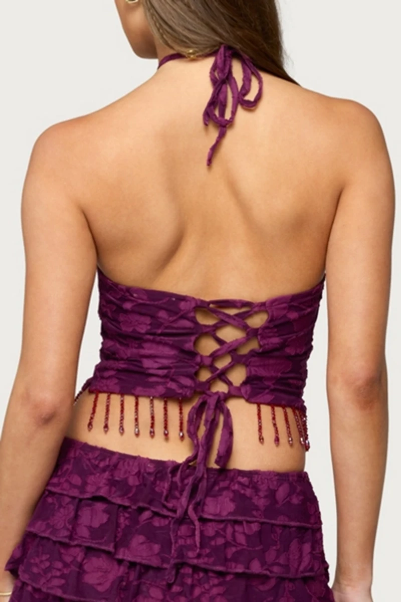 Edikted Keyla Bead Fringed Textured Halter Top