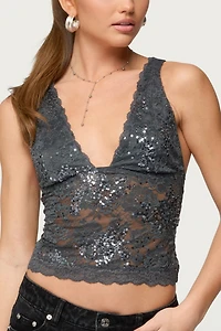 Edikted Isabela Sequin Sheer Lace Tank Top