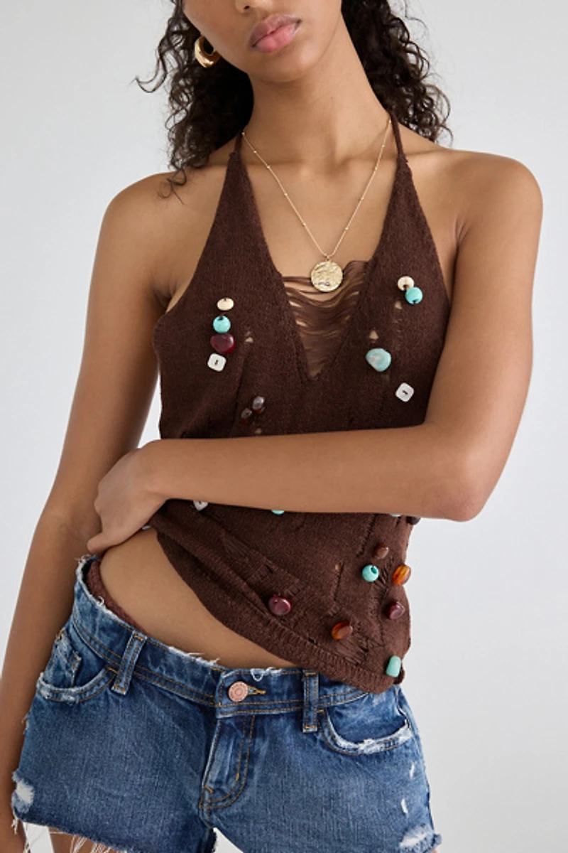 UO Cora Embellished Knit Open-Back Halter Top