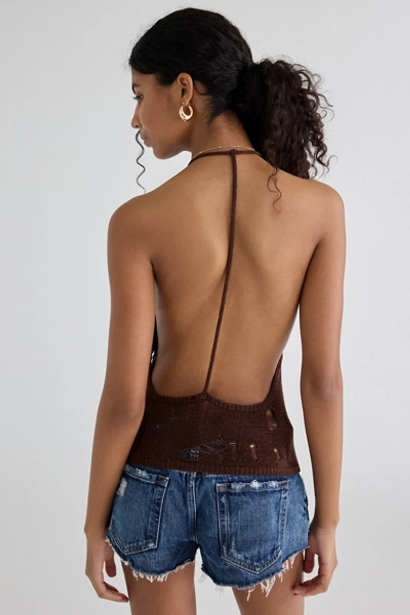 UO Cora Embellished Knit Open-Back Halter Top
