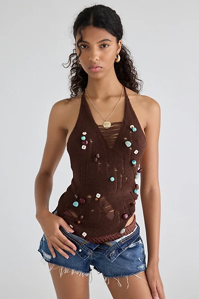 UO Cora Embellished Knit Open-Back Halter Top