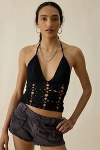 UO Arielle Semi-Sheer Crochet Lace-Up Halter Top