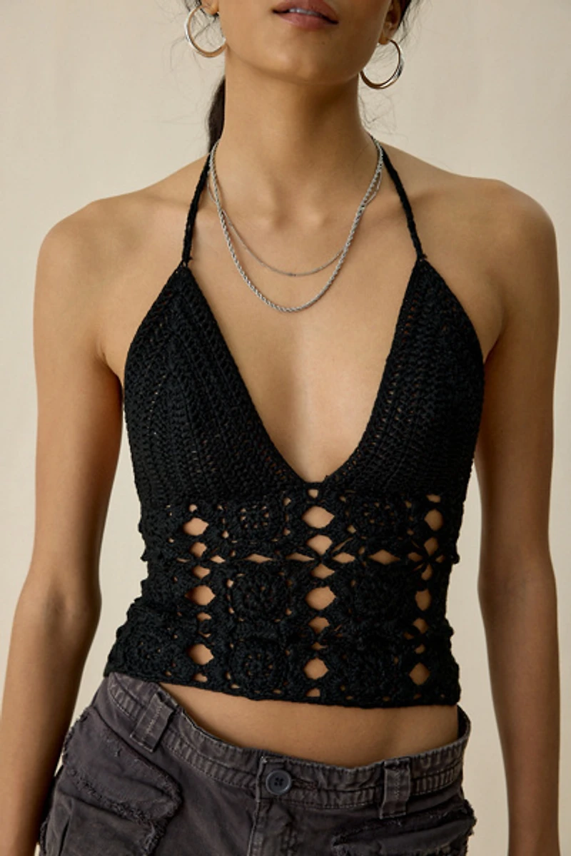 UO Arielle Semi-Sheer Crochet Lace-Up Halter Top