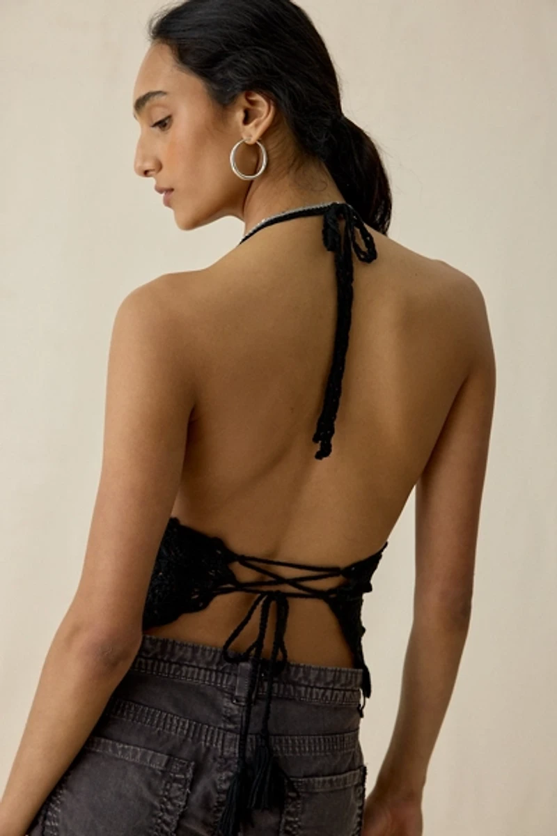 UO Arielle Semi-Sheer Crochet Lace-Up Halter Top