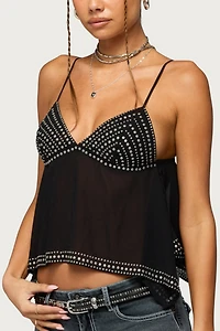 Edikted Studded Asymmetric Sheer Babydoll Top