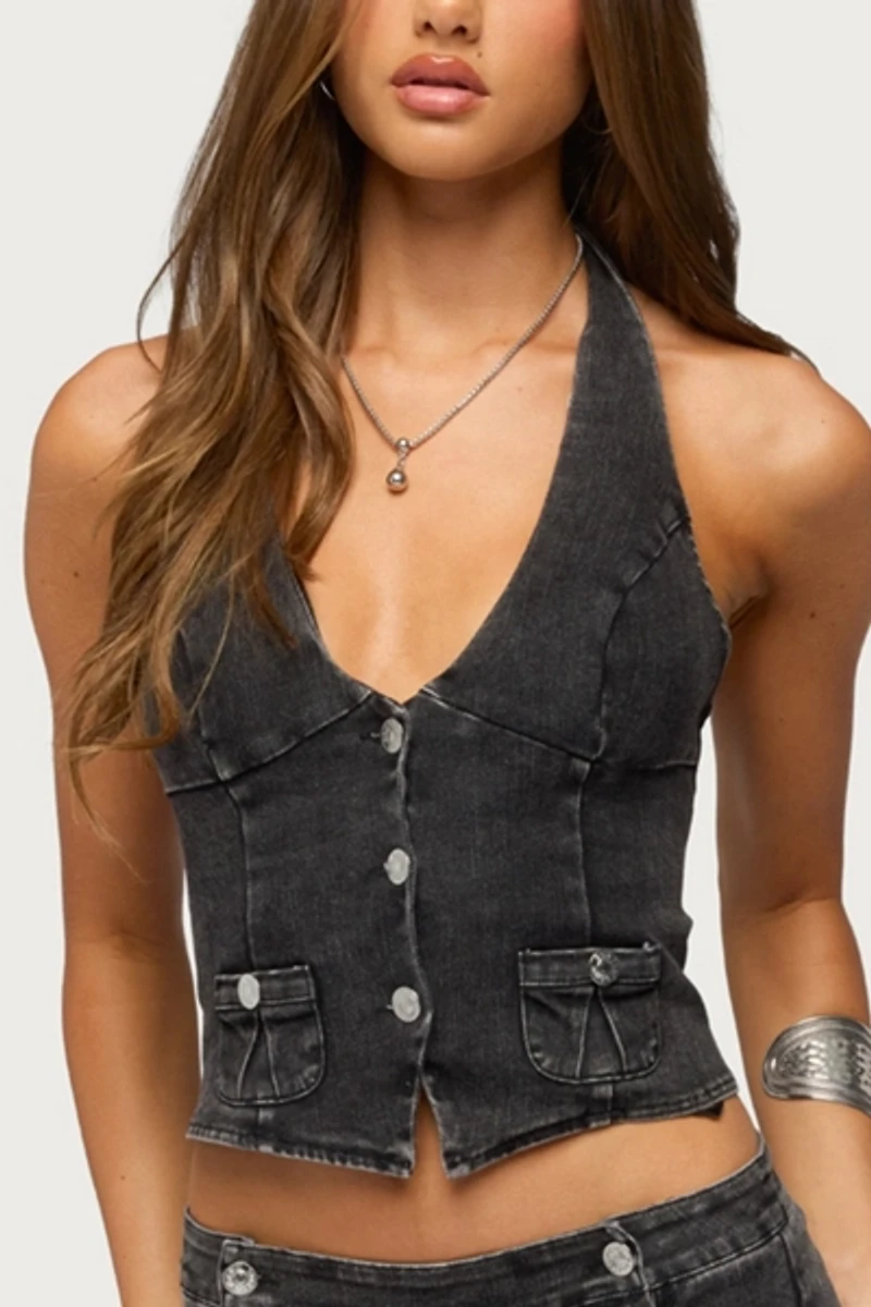 Edikted Sashe Button Up Denim Halter Top