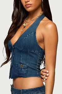 Edikted Sashe Button Up Denim Halter Top