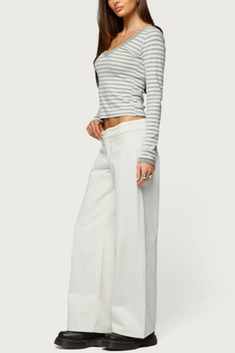 Edikted Kimi Striped Long Sleeve V Neck Top