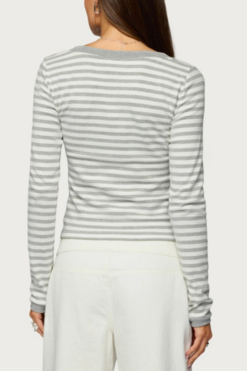 Edikted Kimi Striped Long Sleeve V Neck Top
