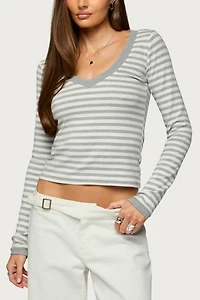 Edikted Kimi Striped Long Sleeve V Neck Top