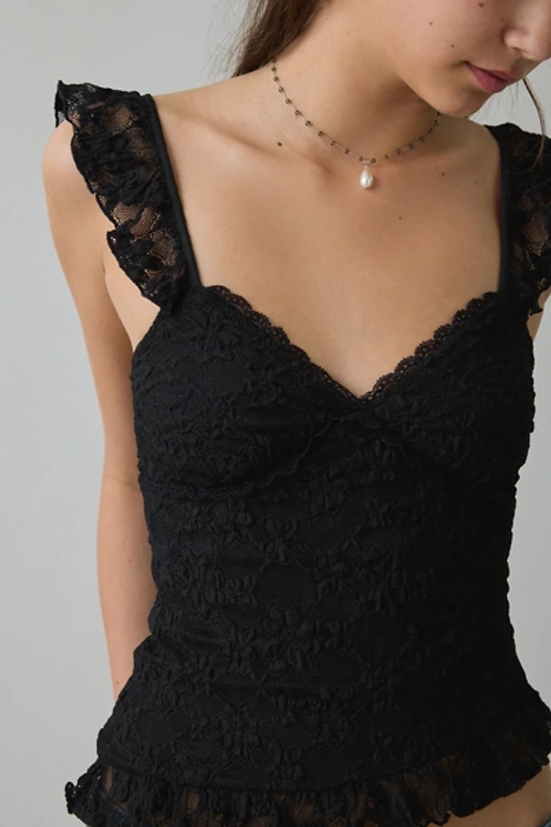 Kimchi Blue Mari Lettuce-Edge Lace Asymmetric Ruffle Tank Top